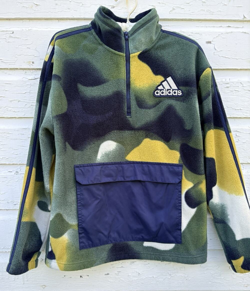 Adidas Fleece Sweatshirt Jacket Quarter Zip Youth L 14/16 Boys Green Blue Camo